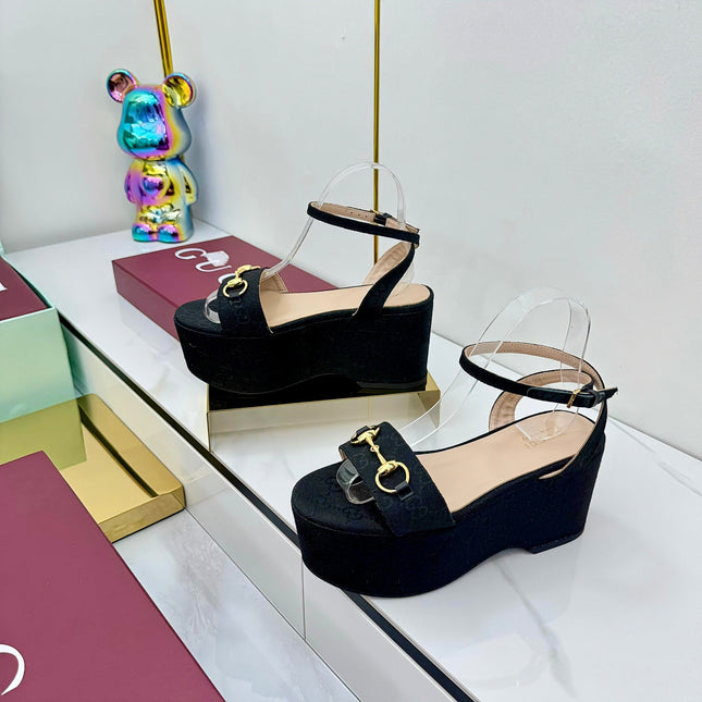 GG WEDGE HEELS IN BLACK FABRIC AND CALFSKIN WITH GOLD HARDWARE STYLE 1