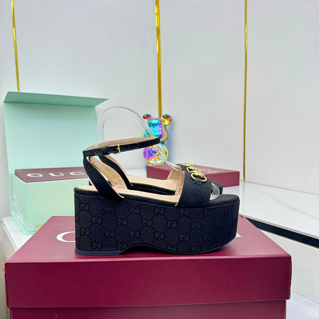 GG WEDGE HEELS IN BLACK FABRIC AND CALFSKIN WITH GOLD HARDWARE STYLE 1