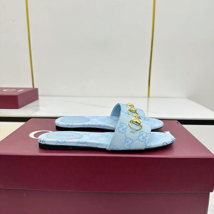 GG SLIDES IN BLUE WITH GOLD HARDWARE