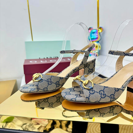 GG HEELED SANDALS 25S 65 MM IN GREY CANVAS WITH GOLD HARDWARE