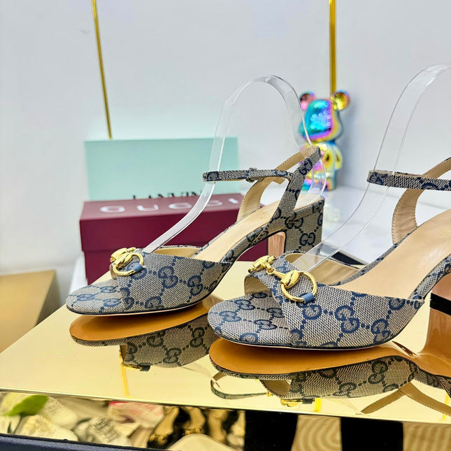 GG HEELED SANDALS 25S 65 MM IN GREY CANVAS WITH GOLD HARDWARE