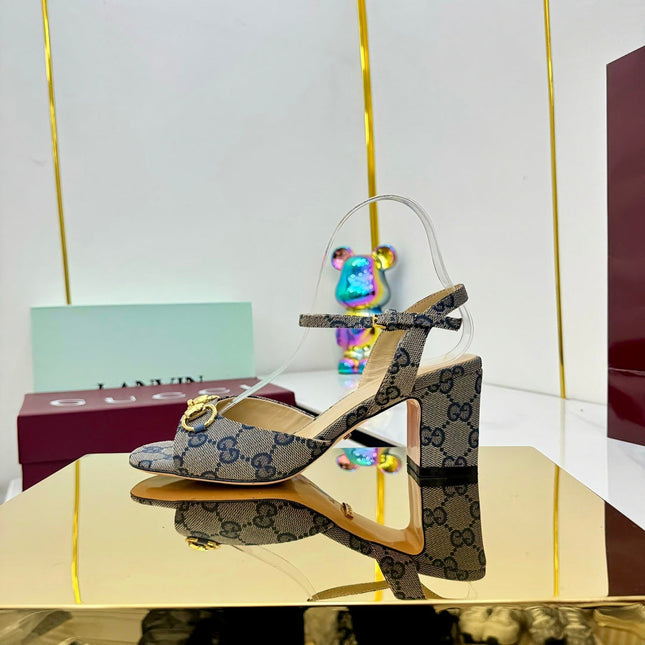 GG HEELED SANDALS 25S 65 MM IN GREY CANVAS WITH GOLD HARDWARE