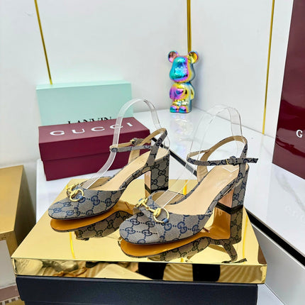 GG HEELED SANDALS 25S 65 MM IN GREY CANVAS WITH GOLD HARDWARE