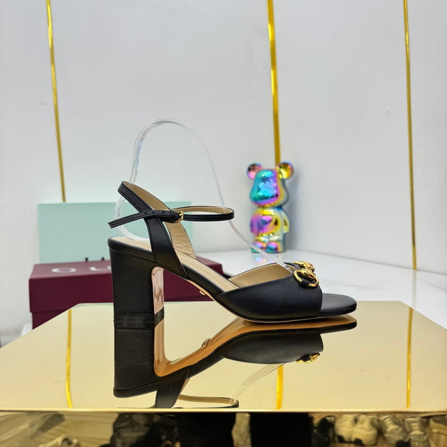 GG HEELED SANDALS 25S 65 MM IN BLACK LAMBSKIN WITH GOLD HARDWARE