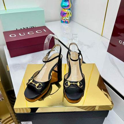 GG HEELED SANDALS 25S 65 MM IN BLACK LAMBSKIN WITH GOLD HARDWARE