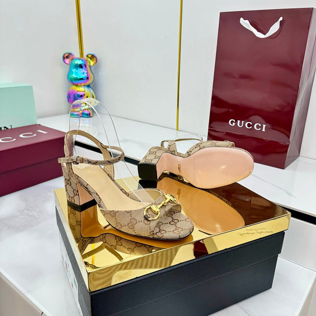 GG HEELED SANDALS 25S 65 MM IN DARK BEIGE CANVAS WITH GOLD HARDWARE