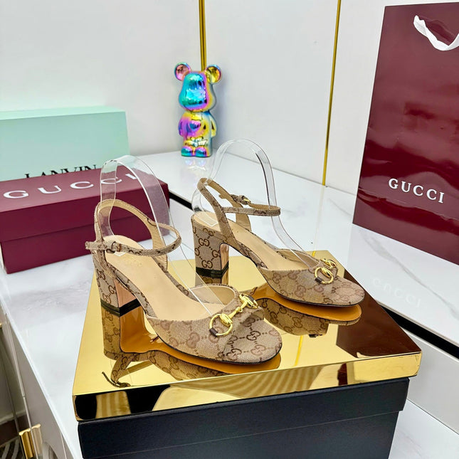 GG HEELED SANDALS 25S 65 MM IN DARK BEIGE CANVAS WITH GOLD HARDWARE