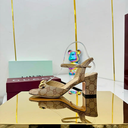 GG HEELED SANDALS 25S 65 MM IN DARK BEIGE CANVAS WITH GOLD HARDWARE