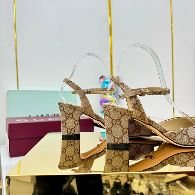 GG HEELED SANDALS 25S 65 MM IN DARK BEIGE CANVAS WITH GOLD HARDWARE