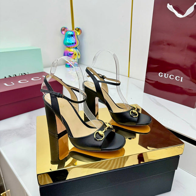 GG HEELED SANDALS 25S 95 MM IN BLACK LAMBSKIN WITH GOLD HARDWARE
