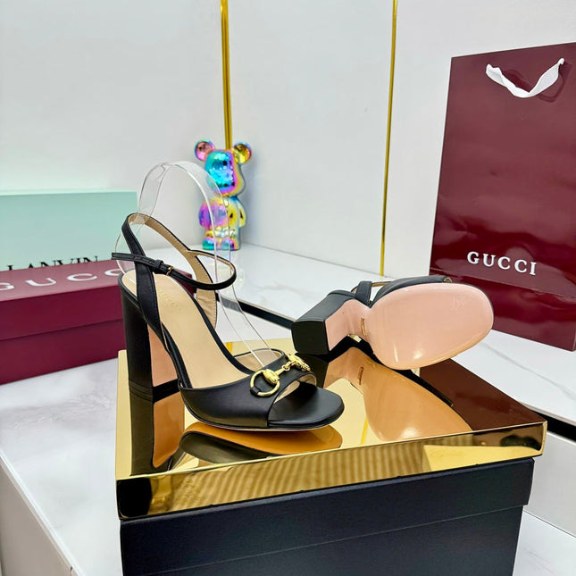 GG HEELED SANDALS 25S 95 MM IN BLACK LAMBSKIN WITH GOLD HARDWARE