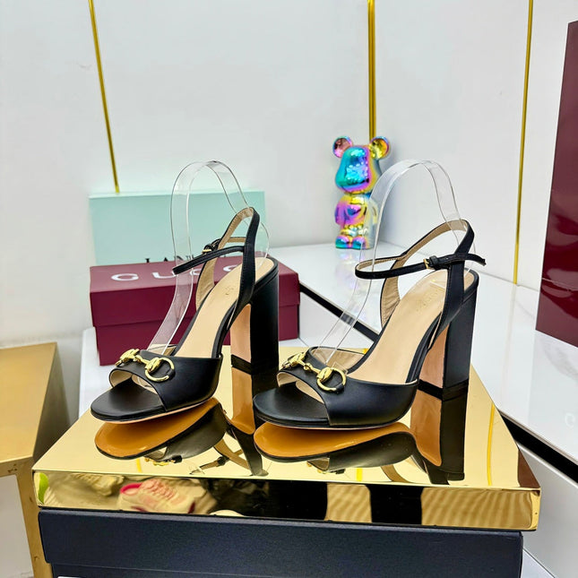 GG HEELED SANDALS 25S 95 MM IN BLACK LAMBSKIN WITH GOLD HARDWARE