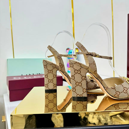 GG HEELED SANDALS 25S 95 MM IN DARK BEIGE CANVAS WITH GOLD HARDWARE