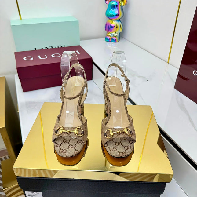 GG HEELED SANDALS 25S 95 MM IN DARK BEIGE CANVAS WITH GOLD HARDWARE