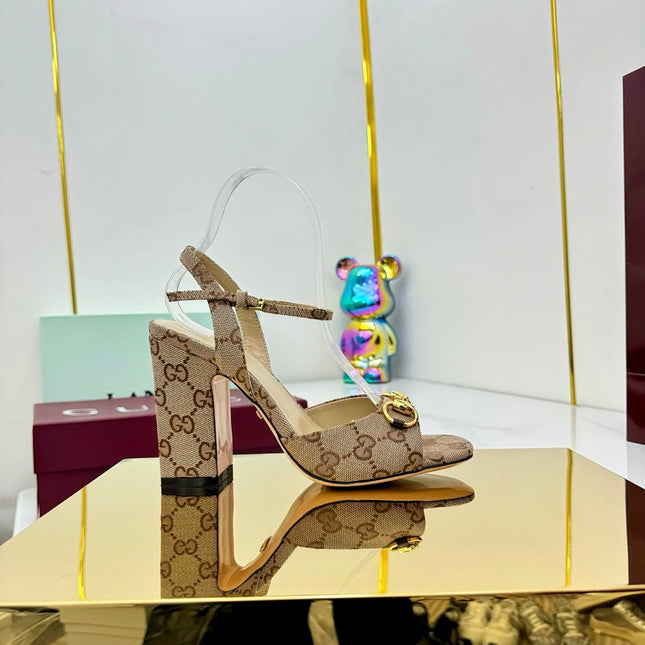 GG HEELED SANDALS 25S 95 MM IN DARK BEIGE CANVAS WITH GOLD HARDWARE