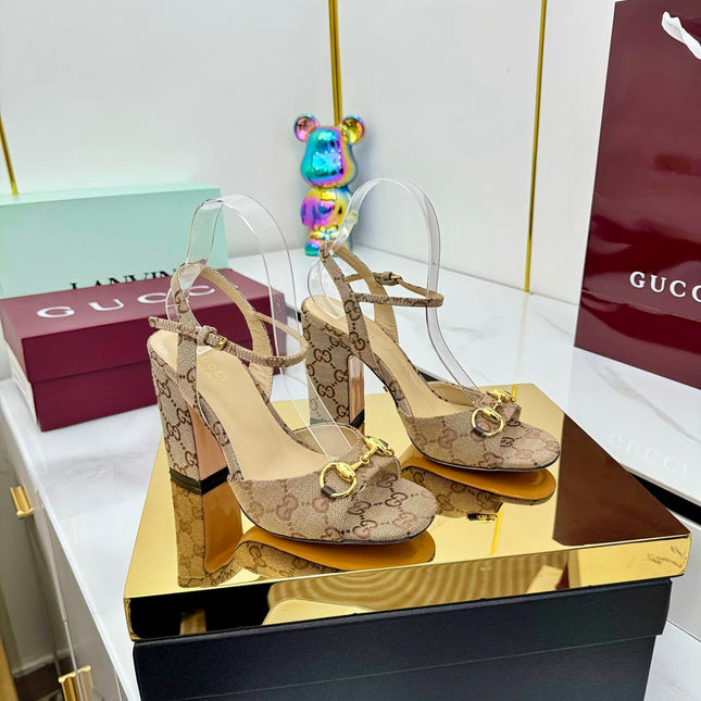 GG HEELED SANDALS 25S 95 MM IN DARK BEIGE CANVAS WITH GOLD HARDWARE