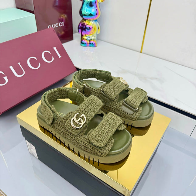 GG SANDALS 25S IN MOSS GREEN CROCHET COTTON FABRIC