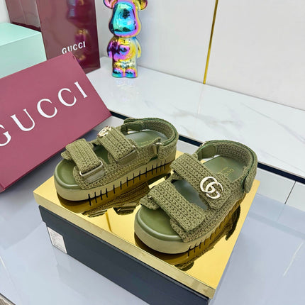 GG SANDALS 25S IN MOSS GREEN CROCHET COTTON FABRIC