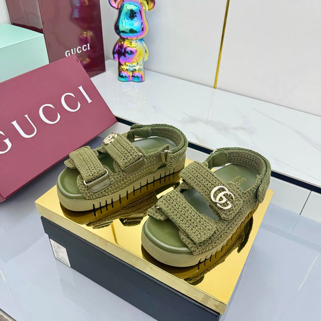GG SANDALS 25S IN MOSS GREEN CROCHET COTTON FABRIC