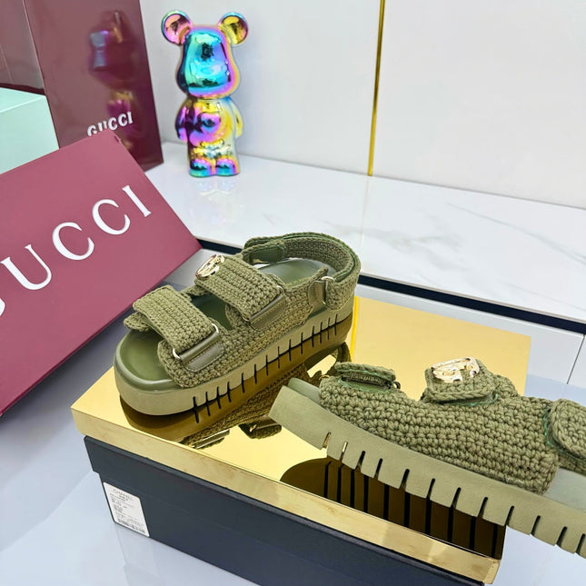 GG SANDALS 25S IN MOSS GREEN CROCHET COTTON FABRIC