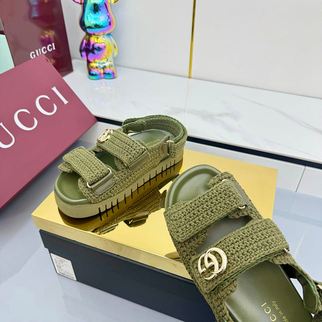 GG SANDALS 25S IN MOSS GREEN CROCHET COTTON FABRIC