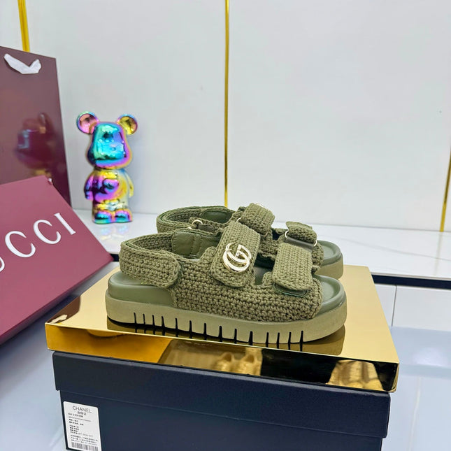 GG SANDALS 25S IN MOSS GREEN CROCHET COTTON FABRIC