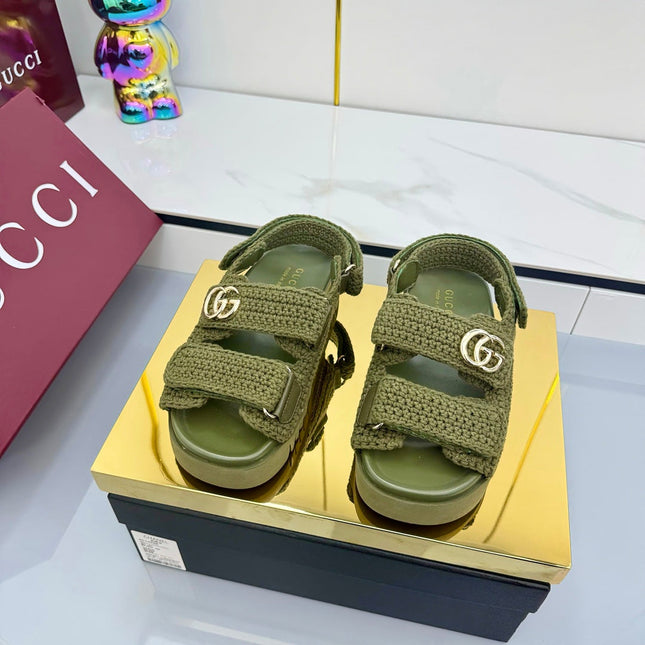 GG SANDALS 25S IN MOSS GREEN CROCHET COTTON FABRIC