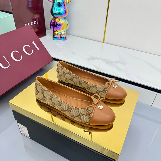 GG BALLET FLATS 25S IN BROWN LAMBSKIN MIX BEIGE CANVAS WITH BOW