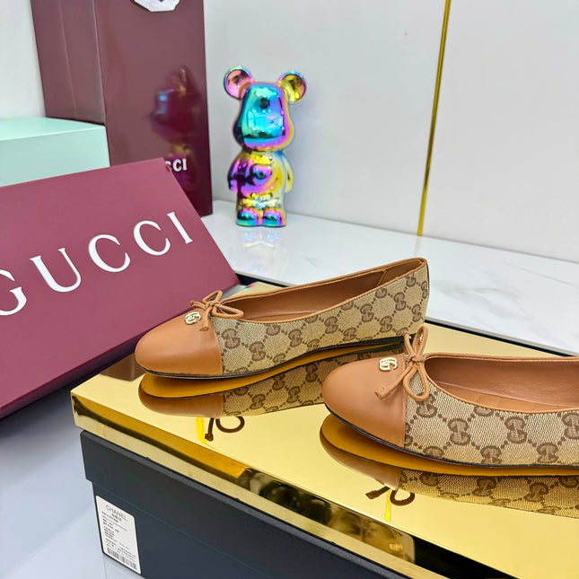 GG BALLET FLATS 25S IN BROWN LAMBSKIN MIX BEIGE CANVAS WITH BOW