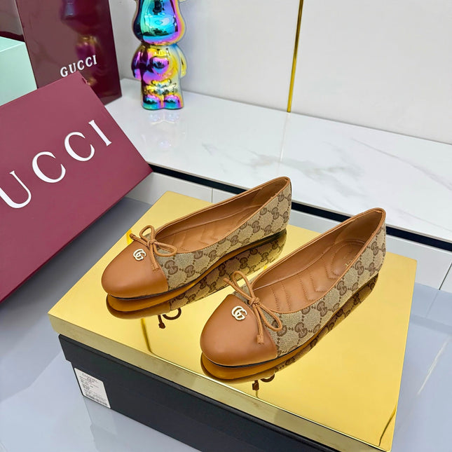 GG BALLET FLATS 25S IN BROWN LAMBSKIN MIX BEIGE CANVAS WITH BOW