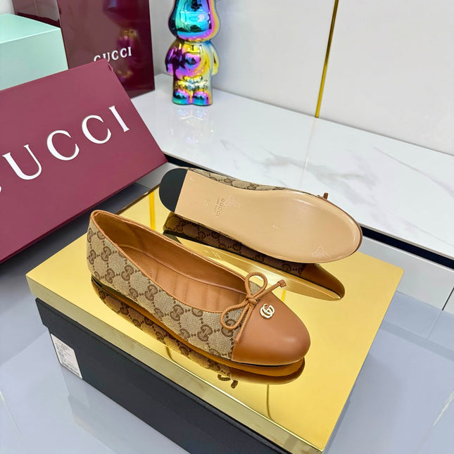 GG BALLET FLATS 25S IN BROWN LAMBSKIN MIX BEIGE CANVAS WITH BOW