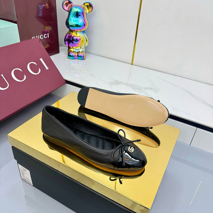 GG BALLET FLATS 25S IN BLACK LAMBSKIN MIX GLOSSY LEATHER WITH BOW