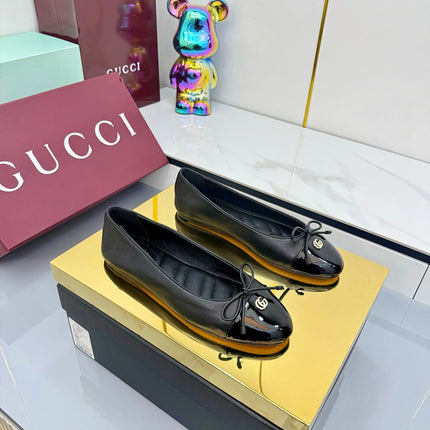 GG BALLET FLATS 25S IN BLACK LAMBSKIN MIX GLOSSY LEATHER WITH BOW