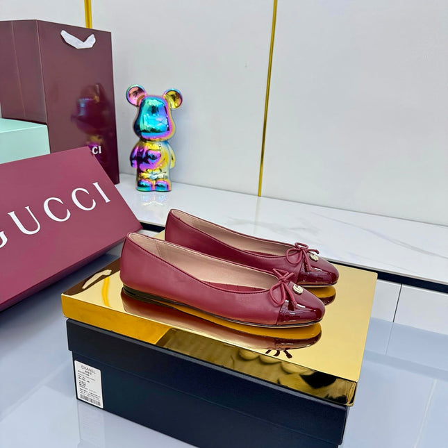 GG BALLET FLATS 25S IN RED LAMBSKIN MIX GLOSSY LEATHER WITH BOW