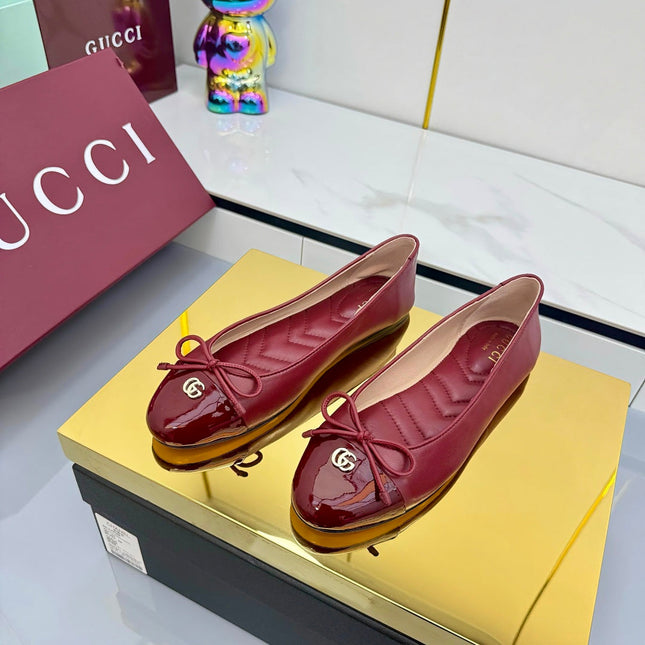 GG BALLET FLATS 25S IN RED LAMBSKIN MIX GLOSSY LEATHER WITH BOW