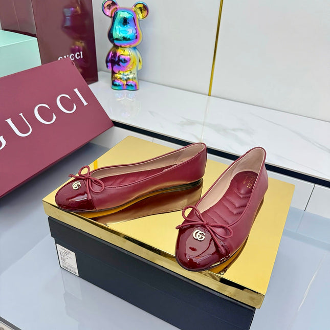 GG BALLET FLATS 25S IN RED LAMBSKIN MIX GLOSSY LEATHER WITH BOW