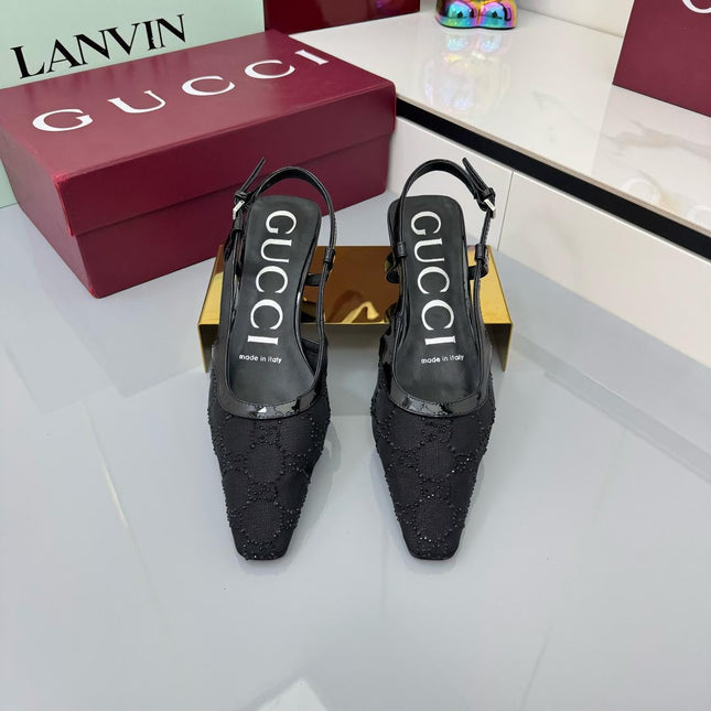 GG HIGH SLINGBACK 25S IN BLACK SEQUINED MESH FABRIC