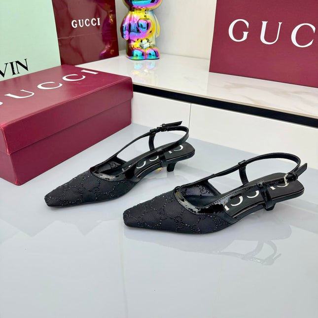 GG HIGH SLINGBACK 25S IN BLACK SEQUINED MESH FABRIC