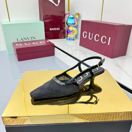 GG HIGH SLINGBACK 25S IN BLACK SEQUINED MESH FABRIC