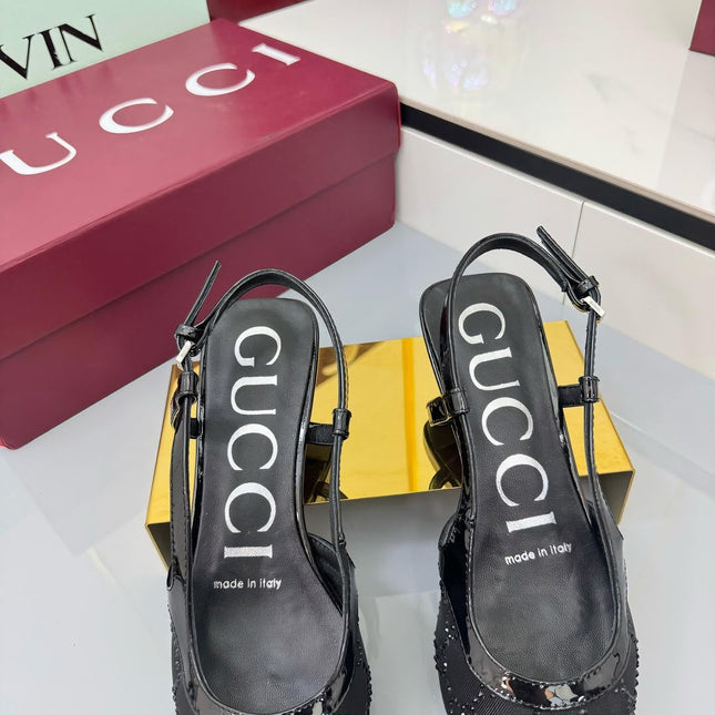 GG HIGH SLINGBACK 25S IN BLACK SEQUINED MESH FABRIC