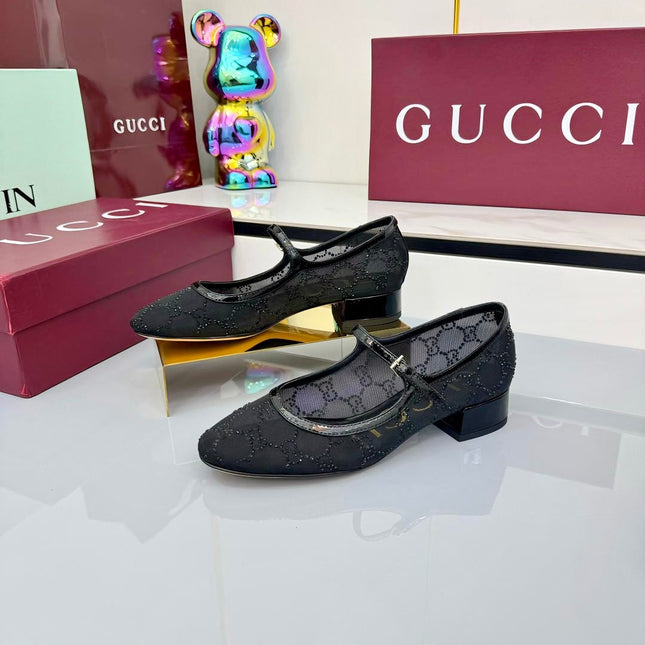 GG MARY JANE HEEL 25S 25 MM IN BLACK SEQUINED MESH FABRIC