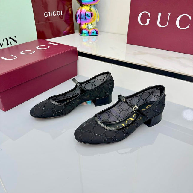 GG MARY JANE HEEL 25S 25 MM IN BLACK SEQUINED MESH FABRIC