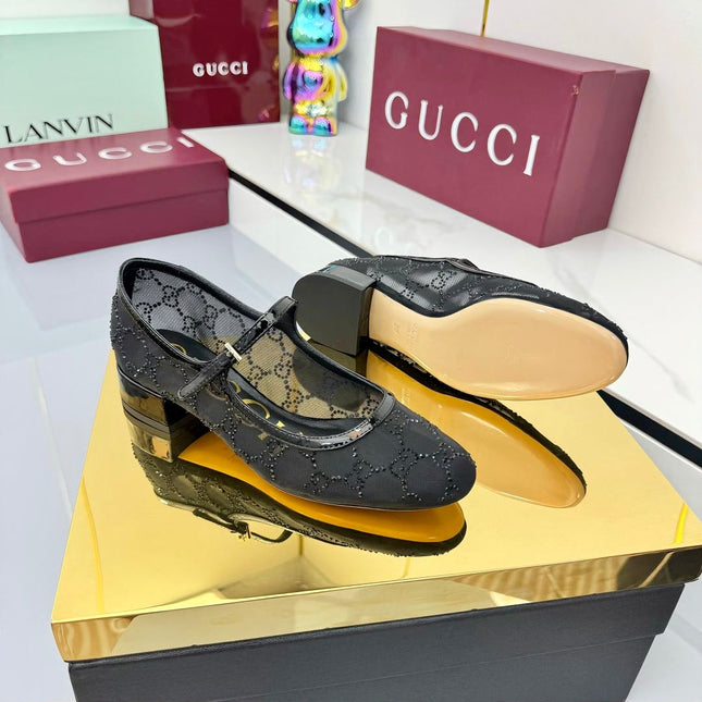 GG MARY JANE HEEL 25S 25 MM IN BLACK SEQUINED MESH FABRIC