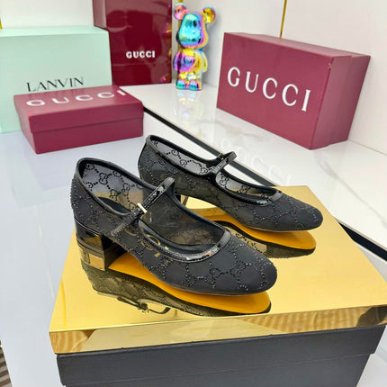 GG MARY JANE HEEL 25S 25 MM IN BLACK SEQUINED MESH FABRIC