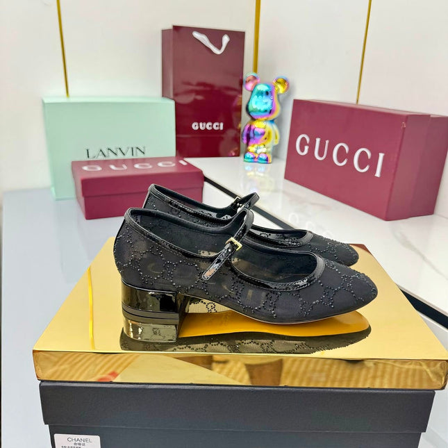 GG MARY JANE HEEL 25S 25 MM IN BLACK SEQUINED MESH FABRIC