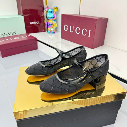 GG MARY JANE HEEL 25S 25 MM IN BLACK SEQUINED MESH FABRIC