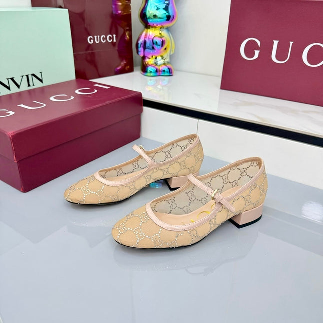 GG MARY JANE HEEL 25S 25 MM IN CAMEL BEIGE SEQUINED MESH FABRIC