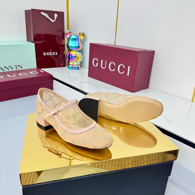 GG MARY JANE HEEL 25S 25 MM IN CAMEL BEIGE SEQUINED MESH FABRIC