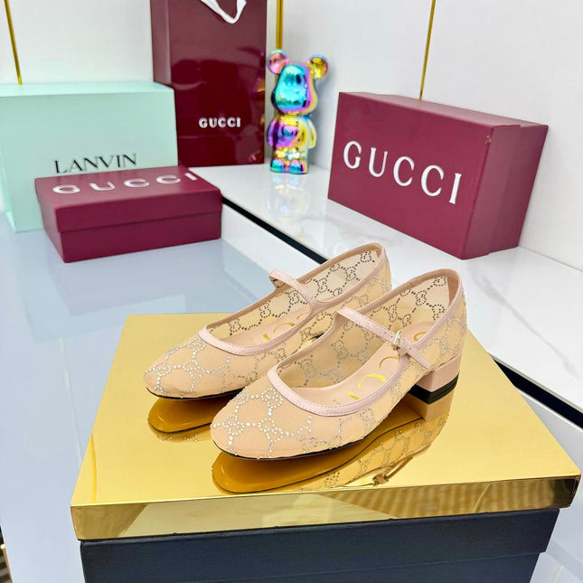 GG MARY JANE HEEL 25S 25 MM IN CAMEL BEIGE SEQUINED MESH FABRIC