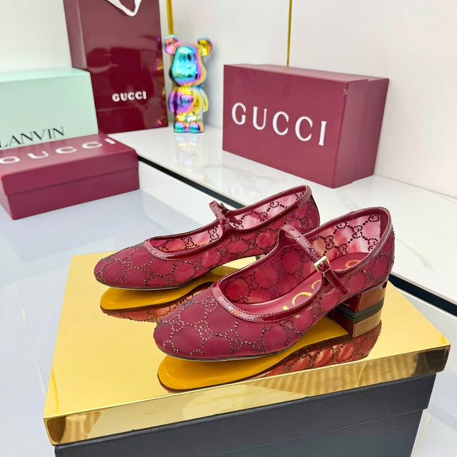 GG MARY JANE HEEL 25S 25 MM IN RED SEQUINED MESH FABRIC